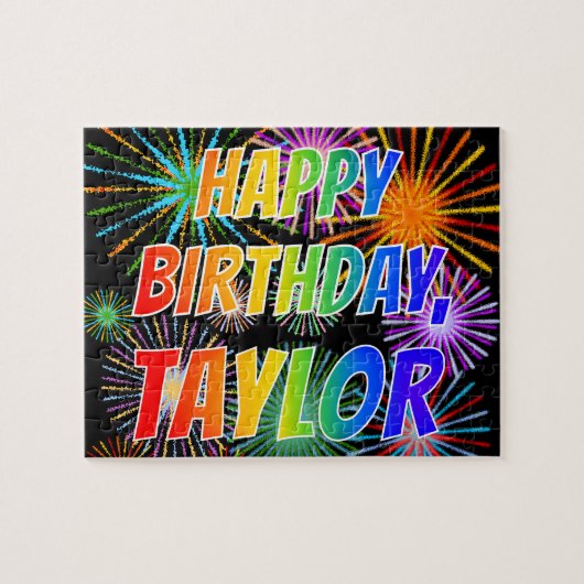 Puzzle Prénom "TAYLOR", Amusant "HEUREUX ANNIVERSAIRE" (Horizontal)