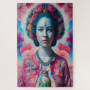 Puzzle princesse aux fleurs bleues avec veste rose