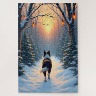Puzzle Promenade de Border Collie dans une forêt enneigée