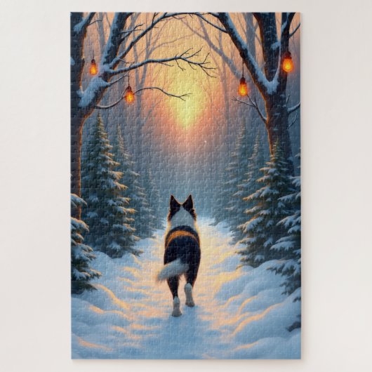 Puzzle Promenade de Border Collie dans une forêt enneigée (Vertical)