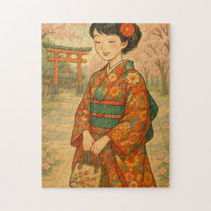 Puzzle Promenade en fleurs de cerisier - Japonaise fille