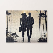 Promenade vers le lever du soleil : Couple en silh