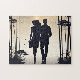 Puzzle Promenade vers le lever du soleil : Couple en silh