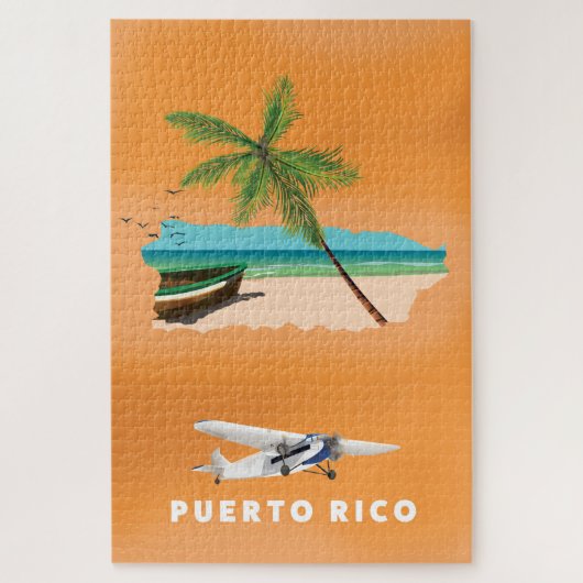 Puzzle Puerto Rico illustrated map travel poster. (Vertical)