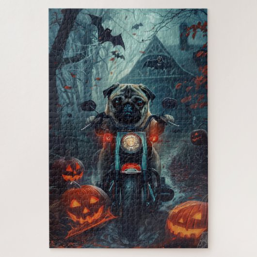 Puzzle Pug à moto Halloween effrayant (Vertical)