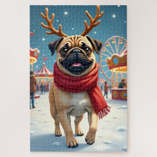 Puzzle Pug at the Winter Fairgrounds Christmas Painting (Vertical)