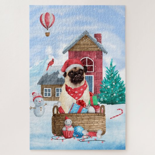 Puzzle Pug Chien Dans Maison De Noël enneigée (Vertical)