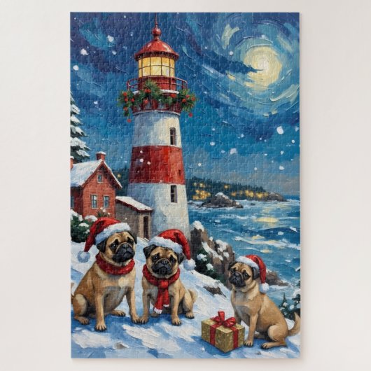 Puzzle Pug Christmas Lighthouse Holiday (Vertical)
