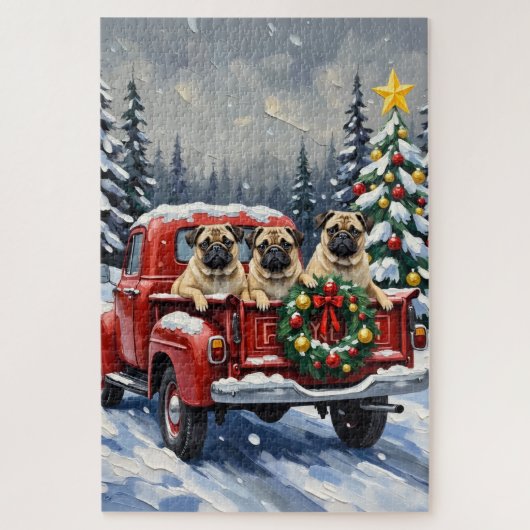 Puzzle Pug Christmas Red Truck Holiday (Vertical)