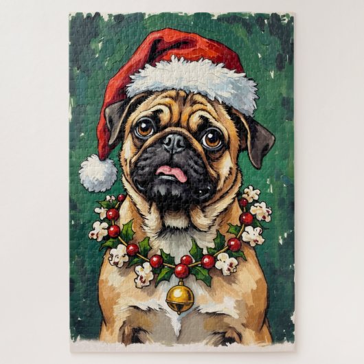 Puzzle Pug Eating the Christmas Garland Hat (Vertical)