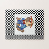 Puzzle Pug hipster sur un damier noir et blanc difficile (Horizontal)