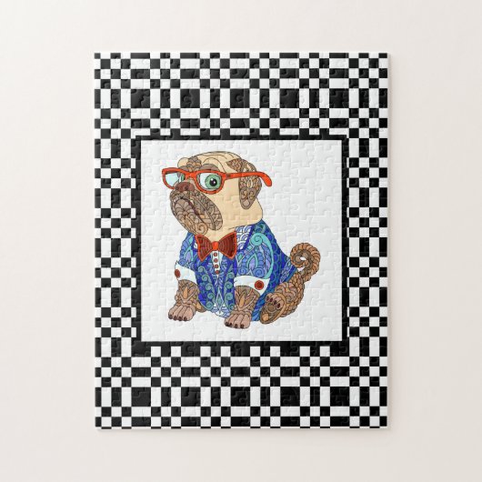 Puzzle Pug hipster sur un damier noir et blanc difficile (Vertical)