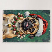 Puzzle Pug mangeant le chapeau de guirlande de Noël (Horizontal)