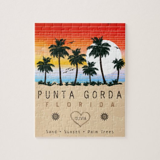 Puzzle Punta Gorda Florida Retro Sunset Palm tree 1960 (Vertical)