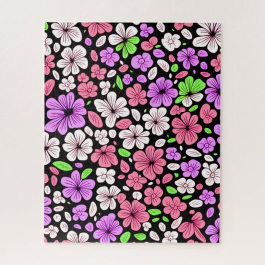 Puzzle Purple and Pink Flowers and Petals Pattern Black (Vertical)
