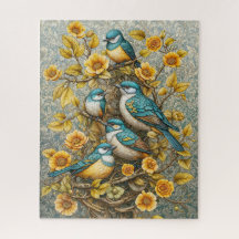 Quatre mignons oiseaux bleus et blancs sur l'arbre