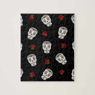 Puzzle RAB Rockabilly Sugar Skulls Roses sur fond noir