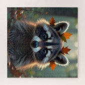 Puzzle Raccoon mignon dans les feuilles d'automne (Horizontal)