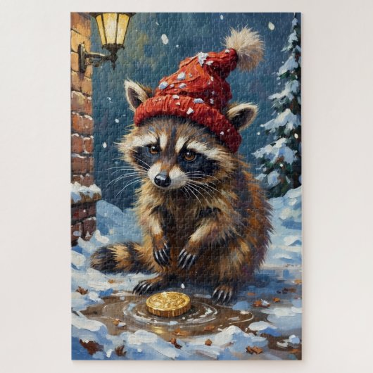 Puzzle Raccoon Washing Stolen Christmas Gold Hat (Vertical)