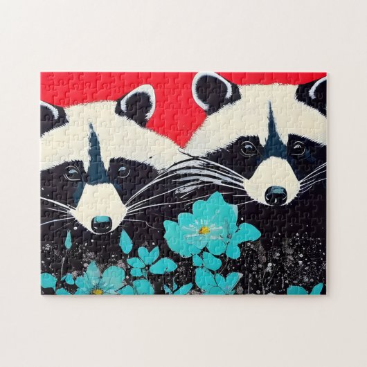 Puzzle Raccoons Adorables Avec Fleurs Bleues (Horizontal)