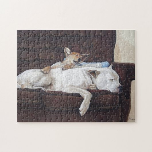 Puzzle race mixte mignon chiot et chien blanc endormi (Horizontal)