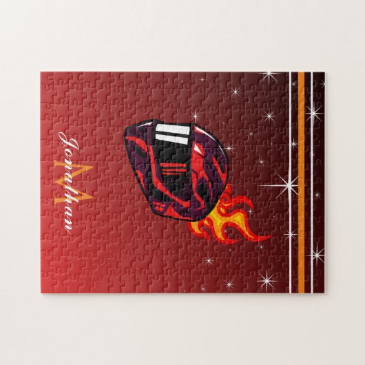 Puzzle Racing Red Casque Nom et Monogram Sparkle Initial (Horizontal)