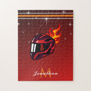 Puzzle Racing Red Casque Nom et Monogram Sparkle Initial