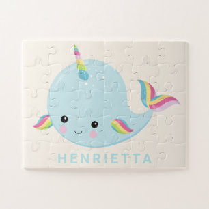 Puzzle Rainbow Narwhal Kawaii Motif Pastel Blue Name