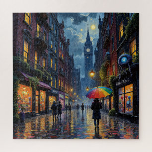 Puzzle Rainy City Night Walk - Réflexions & Umbrella Art