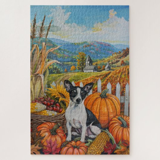 Puzzle Rat Terrier Chien Moisson Automne Thankgiving (Vertical)