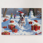Puzzle Rat Terrier Courir en neige avec Casquette de Noël (Horizontal)