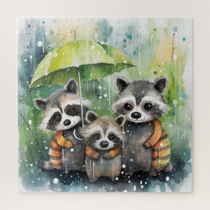 Puzzle Raton laveurs mignons sous la pluie