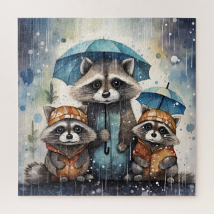 Puzzle Raton laveurs mignons sous la pluie