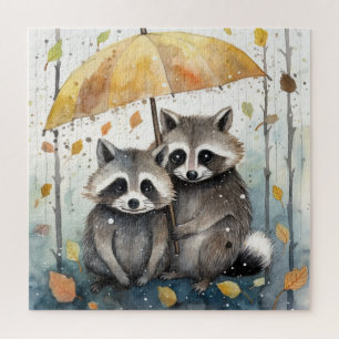 Puzzle Raton laveurs mignons sous la pluie