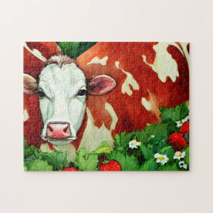 Puzzle Red and White Dairy Cow in a Strawberry Patch