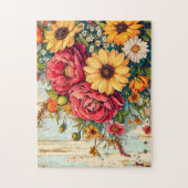 Puzzle Red and Yellow Garden Flowers on Wood (Vertical)