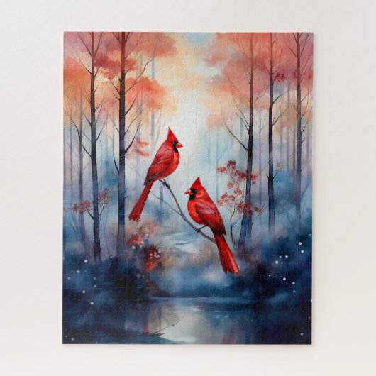 Puzzle Red Cardinal Birds in a Misty Forest (Vertical)
