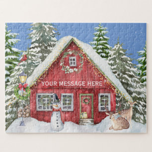 Puzzle Red Country House Snow Holiday Scène personnalisée