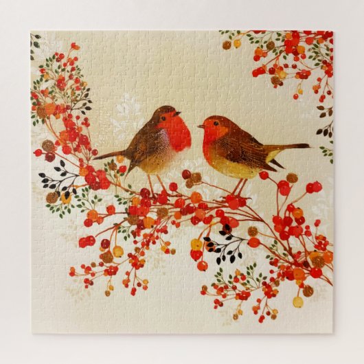 Puzzle Red Gold Winter Birds Holly Berry Branches (Vertical)