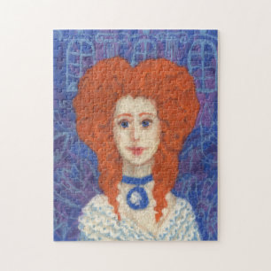 Puzzle Red Hair, ginger girl rococo fiber art blue orange