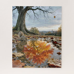 Puzzle Reflet d'arbre d'automne dans une flaque avec un é