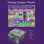 Puzzle Remorque et Beagle de Camper Vintage en gros plan<br><div class="desc">Jolie blonde vintage camper remorque jigsaw puzzle. Le camping, doté d'un auvent rayé rouge et blanc, est installé dans un parc sous un grand arbre. Un beagle ludique, prêt pour la prochaine aventure, garde debout. Un drapeau américain flotte dans la brise. Deux vélos sont garés à côté du camping-car. Une...</div>