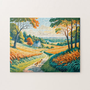 Puzzle Renard courant sur un chemin de champ en automne à