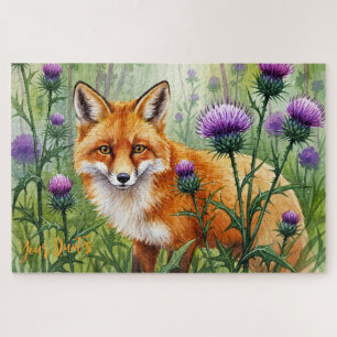 Puzzle Renard parmi les fleurs de chardon violet Aquarell