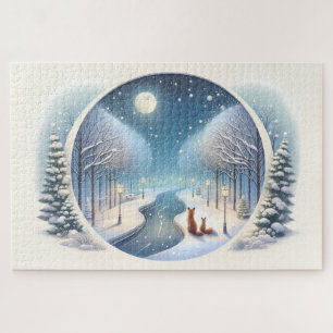 Puzzle Renards d'hiver au bord d'une rivière enneigée écl