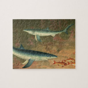 Puzzle Requin bleu vintage mangeant du poisson, Marine Li