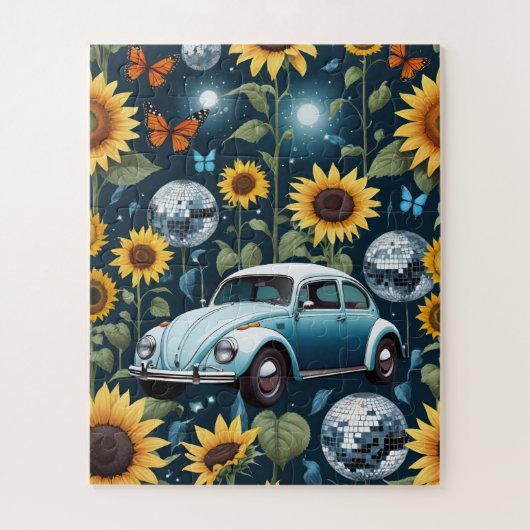Puzzle Retro Disco Balls Sunflowers et Hippie Bug Car (Vertical)