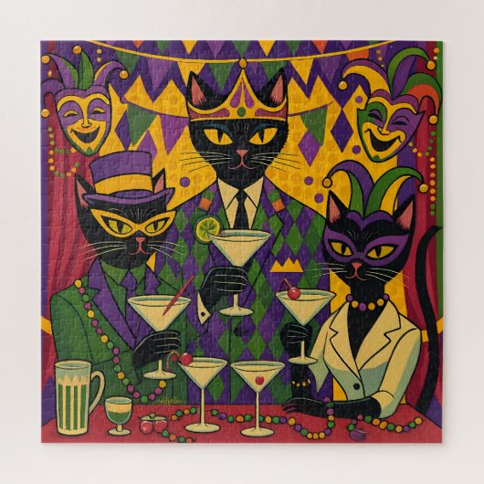 Puzzle Retro Futuristic Mardi Gras Black Cat Martini Club (Vertical)
