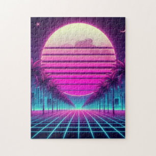 Puzzle rétro, lune de néon des années 80/palmiers