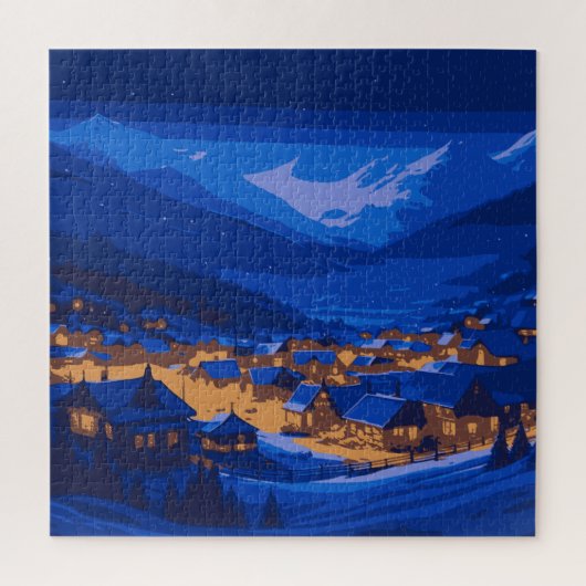 Puzzle Retro Village Mountain Blue Gold Paysage (Vertical)